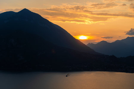 Mountain landscape, picturesque mountain lake in the summer morning, panorama, landscape with fabulous lake view from the top of the mountain. Como, Italyの写真素材
