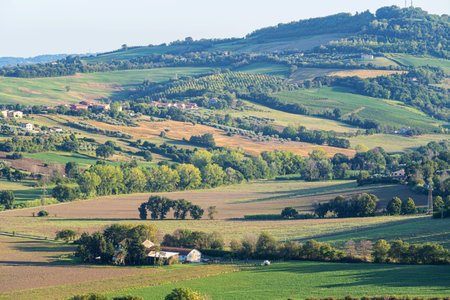 Panoramic beautiful rural landscape of Toscana. Green fields and meadows, countryside in Italy