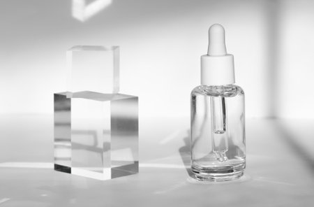 Serum cosmetic bottle mockup on acrylic transparent solid block pedestal on white background, shadow from sun, natural light from windows. Geometric stand, podium for cosmetics, product presentationの写真素材