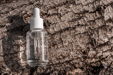 A transparent serum bottle with a dropper cap lying on rough tree barkの写真素材