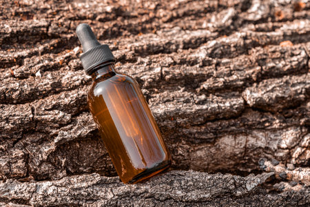 Close-up of brown dropper bottle resting on rugged tree bark, highlighting natural textures and eco-friendly packaging. Perfect for skincare or essential oil themesの写真素材