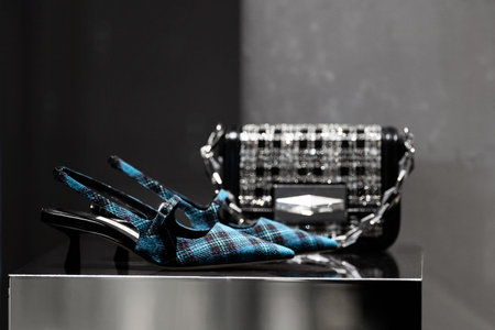 Milan, Italy - February, 25, 2023: Jimmy Choo bag and high heels on podium showcase, woman...