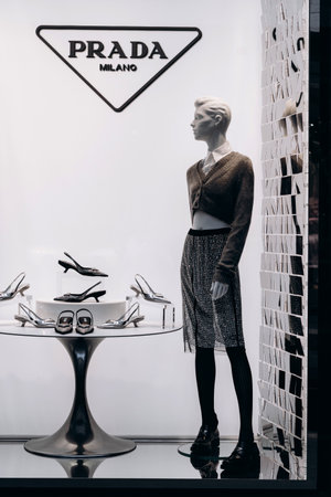 Milan, Italy - 04.12.2021: window display of Prada store in Milan, vitrine of the clothes shopのeditorial素材