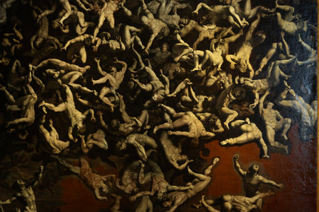 Florence, Italy - September 01, 2022: vivid, dark baroque painting showing numerous figures in dramatic poses, evoking themes of chaos and mythologyのeditorial素材