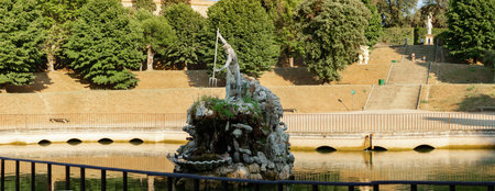 Florence, Italy - August, 30, 2022: neptune fountain in Boboli Gardens, Florence, with steps and statues in backgroundのeditorial素材