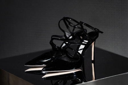 Milan, Italy - February, 25, 2023: Jimmy Choo high heels on podium showcase, woman accessories in the store display.のeditorial素材