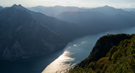 Panoramic view of lakes and surrounding mountains near Belvedere del Parco Valentino at Piani...