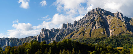 Panoramic view of Grignetta mountain near Belvedere del Parco Valentino at Piani Resinelli, Valsassina, Italy, aerial view of province of Leccoの写真素材