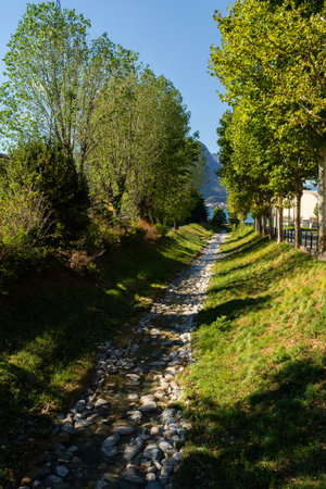 Narrow, shallow stream flows through path lined with trees and grassy banks. The scene is peaceful with the sunlight casting shadows along the green landscape and mountains visible in the backgroundの写真素材