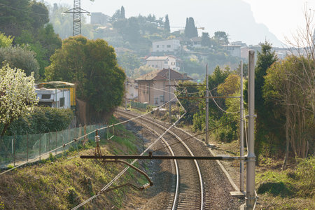Railroad tracks with mountains on background. Rural industrial landscape. Transportation, railroad travel, railway tourismの写真素材
