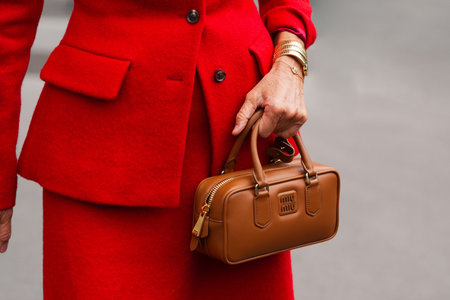 Paris, France - October, 6, 2025: Woman wears Miu Miu Arcadie brown shoulder bag. Fashion outfit handbag detail, street style look accessoryのeditorial素材