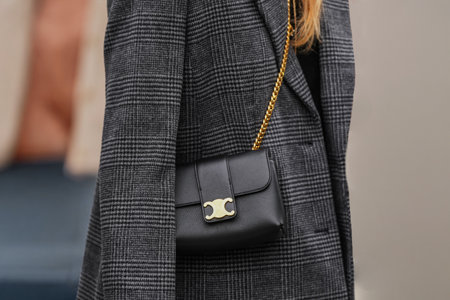 Paris, France - October, 6, 2025: Woman wears Celine Victoire black shoulder bag with gold chain. Fashion outfit handbag detail, street style look accessoryのeditorial素材