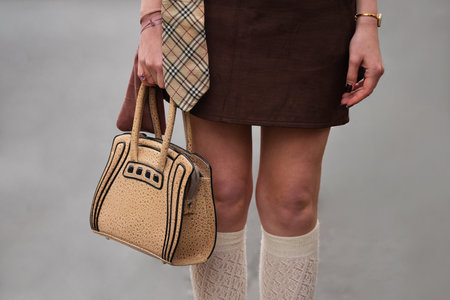 Paris, France - October, 6, 2025: Woman wears Elmira Medins shoulder bag. Fashion outfit handbag detail, street style look accessoryのeditorial素材
