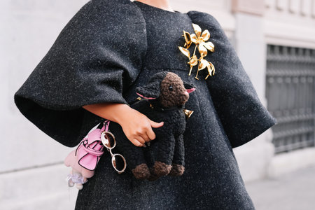Milan, Italy - September, 25, 2025: woman wears Moschino bag. Fashion outfit handbag details, street style look accessoryのeditorial素材