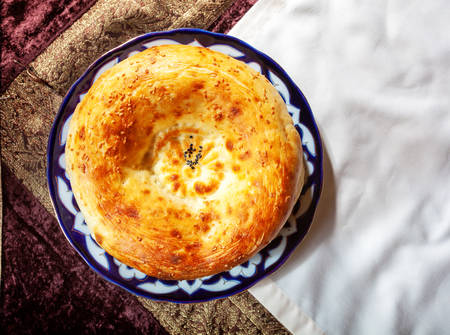 Traditional Middle Asian bread on a plateの写真素材