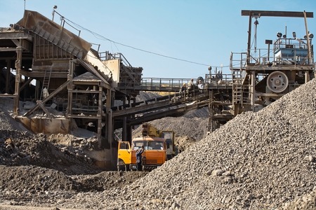 Truck stands under a conveyor. Industrial panoramaの写真素材