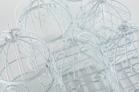 Decorative white cages for birds close up
