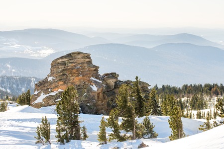 sunny and beautiful rocky Mountain in winter snowの写真素材