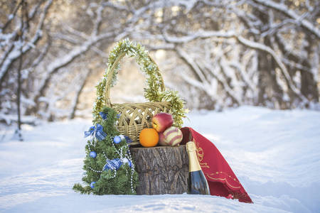 Champagne in the snow and wicker basket with fruits and christmas tree on winter outdoorの写真素材