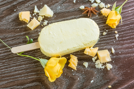 Lemon ice cream on wooden tableの写真素材