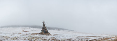 ceremonial bonfire in snowy mongolian prairie
