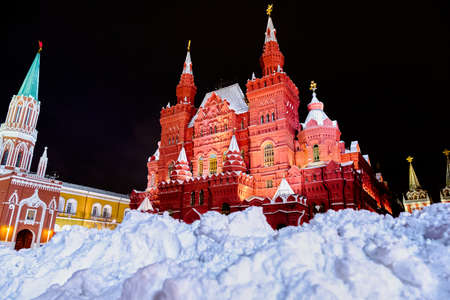 Snowdrifts at Red Square, Moscow after snowstorm with buildings at background.のeditorial素材