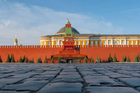 Moscow - March 31 2019: Red Square, view on wall of Kremlin and Lenin's mausoleum in centre.のeditorial素材