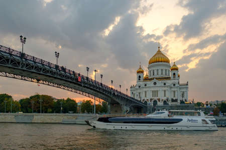 MOSCOW - 30 august, 2018: landscape with view on temple of Christ the Savior on sunset and cruise ship on the river.のeditorial素材