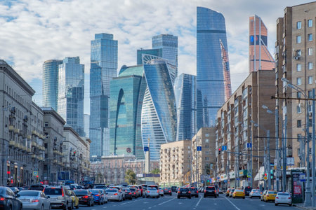 Moscow - 29 september 2018: City landscape with Moscow-City skyscrapers on background.のeditorial素材
