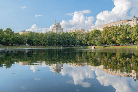 Moscow - 04 august 2018: Landscape with view on Patriarch's Ponds with reflections in water.のeditorial素材
