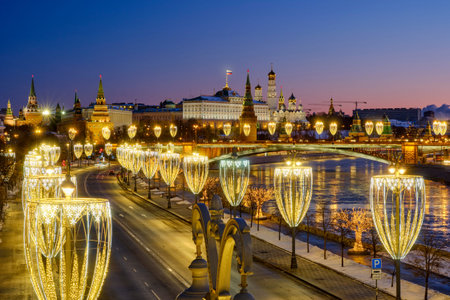Cityscape with night view on Moscow Kremlin. With Christmas and New Year illuminations.