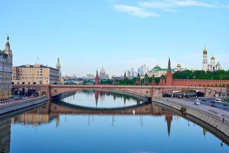 Panoramic landscape with view at embankment Moscow river and Kremlin with reflections in water.のeditorial素材