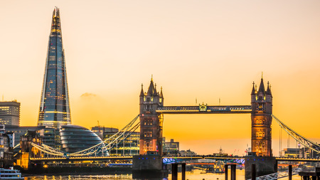 The new London skyline with Tower Bridge and the new The Shard skyscraper at Dusk.のeditorial素材