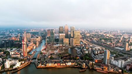 Aerial View Of Iconic Canary Wharf Financial District Skyscrapers In London England UKのeditorial素材