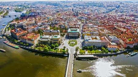 Aerial Bird Eye View of Prague Center Old Town Cityscape in Czech Republic feat. Vltava River and Boats on a Sunny Dayのeditorial素材