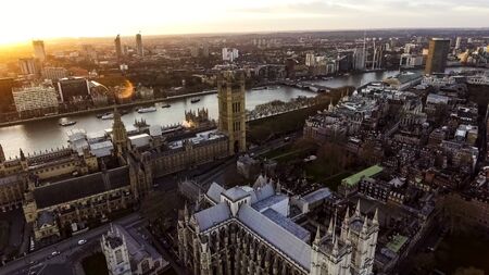 Aerial View Photo Iconic English Landmark Big Ben Clock Parliament feat British Flag in City of Westminster on 09 April 2017 in London UKのeditorial素材