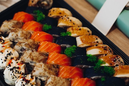 Colorful delicious mouthwatering sushi set.An interesting presentation.の写真素材