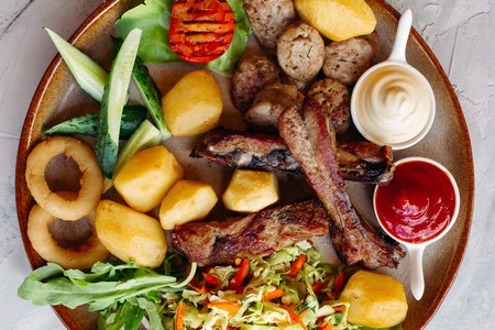 Colorful top view of tasty restaurant meal.の写真素材