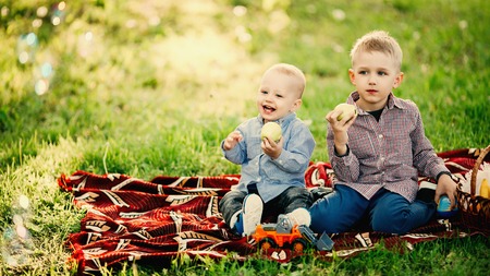 Two little brothers sitting and eating apple in park.の写真素材