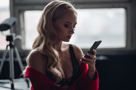 Side view of beautiful sexy woman wearing lace underwearの写真素材