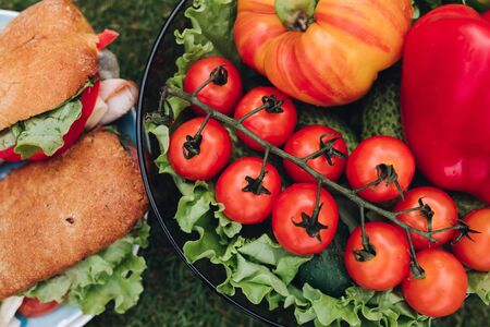Bowl of fresh vegetables beside sandwiches.の写真素材