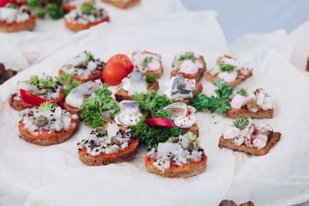 Delicious snack sandwiches on the platter.の写真素材