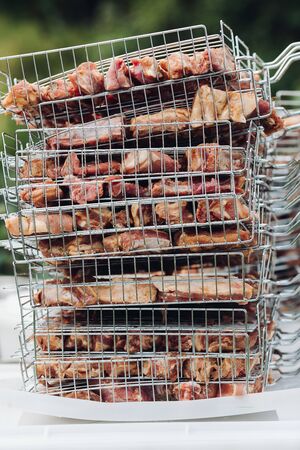 Side view of raw marinated meat for picnicの写真素材
