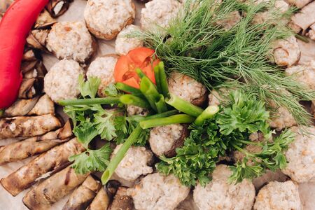 Side view of vegetables served on table during picnicの写真素材
