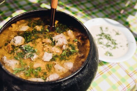 Bowl of delicious meat stew with greens.の写真素材