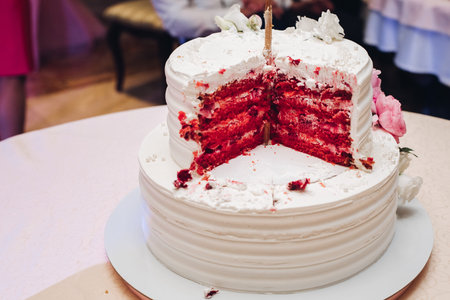 Close-up tasty big appetizing fresh piece of layered biscuit cake covered by white whipped cream...