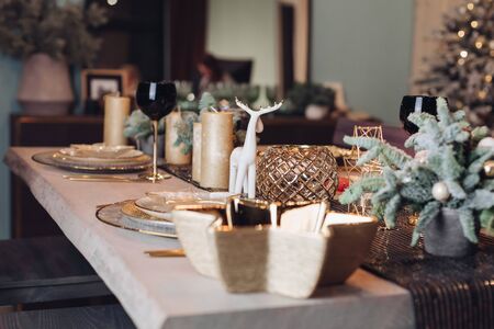 Beautiful table is setting for Christmas dinnerの写真素材
