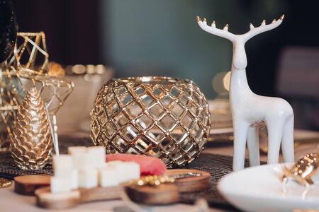 Christmas holiday dinner table for celebrating at homeの写真素材