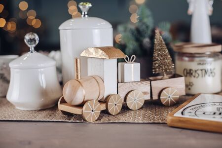 Toy wooden locomotive with New Year giftsの写真素材