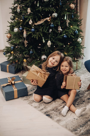 Lovely sisters with Christmas presents under tree.